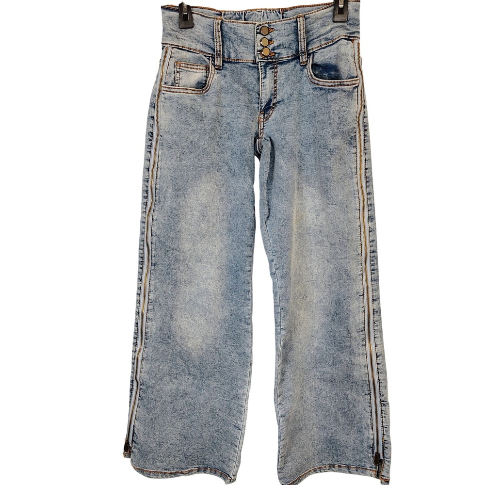 Love Trends Acid Wash High Rise Side Zip Wide Leg Jeans Blue Size 7 rock festive